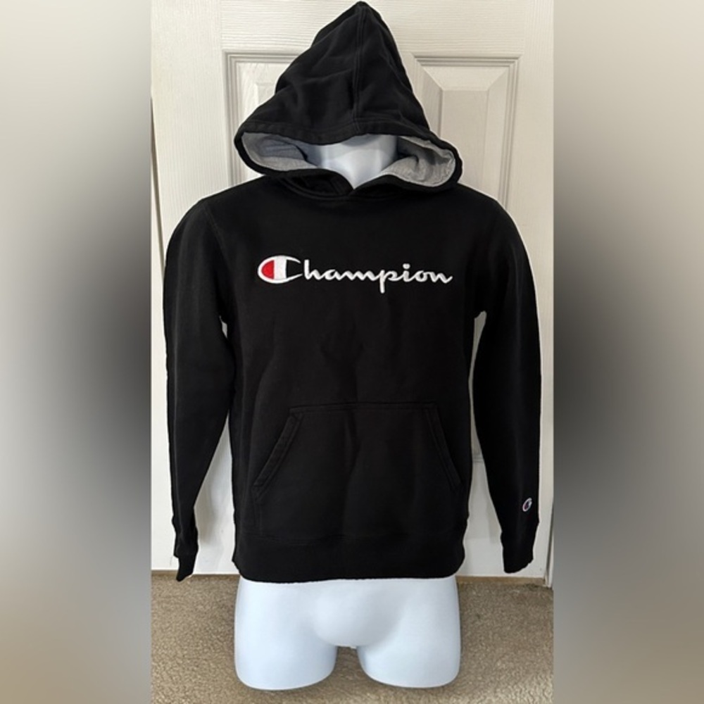 Champion Black Pullover Hoodie Logo Front Youth Large